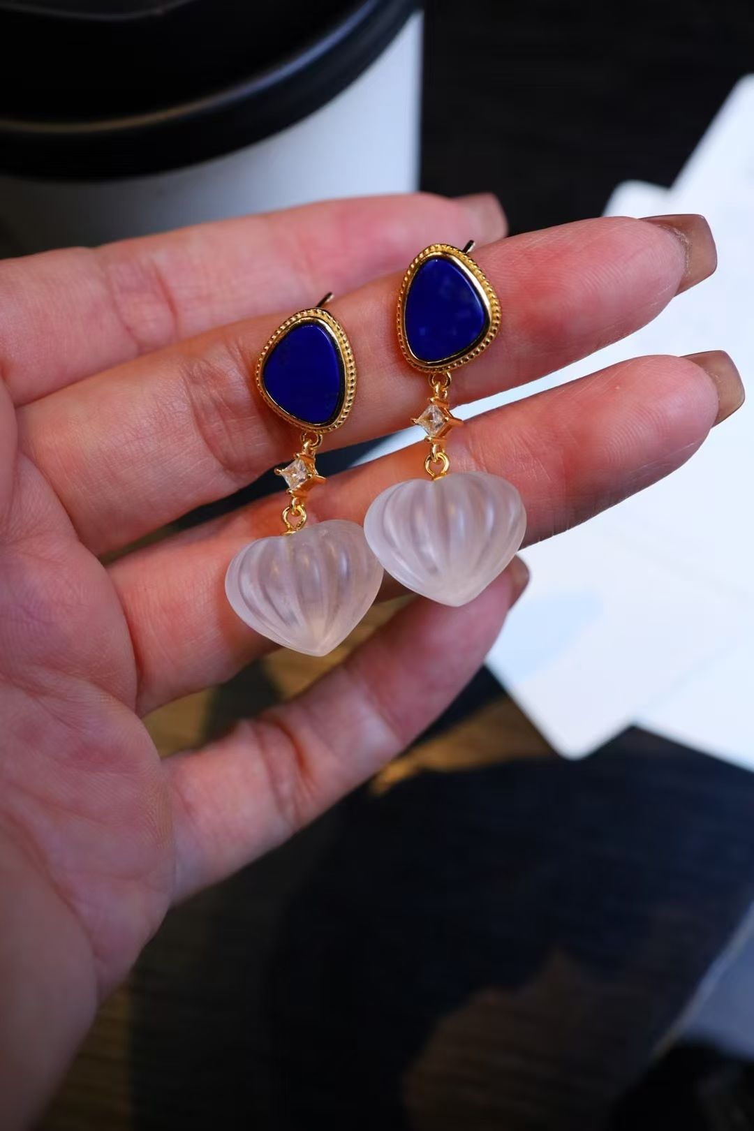 Lapis Lazuli & Clear Quartz| Crystal Earring⚪🔵