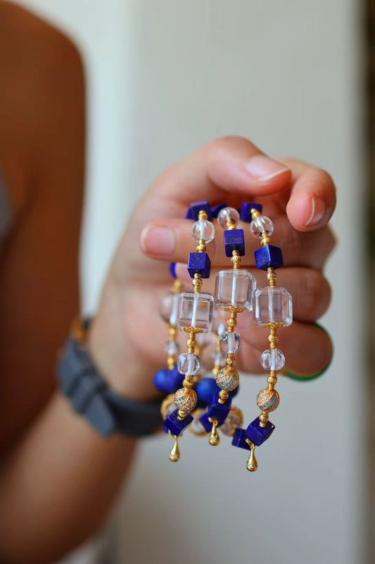 Metal & Water Energy| Vintage Imperial Lapis Lazuli & Clear Quartz Square Bracelet🔹◽️