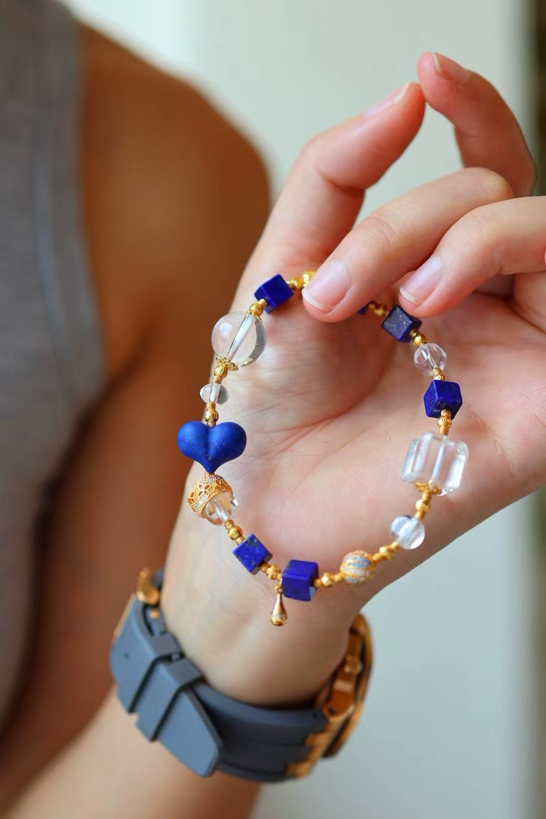 Metal & Water Energy| Vintage Imperial Lapis Lazuli & Clear Quartz Square Bracelet🔹◽️