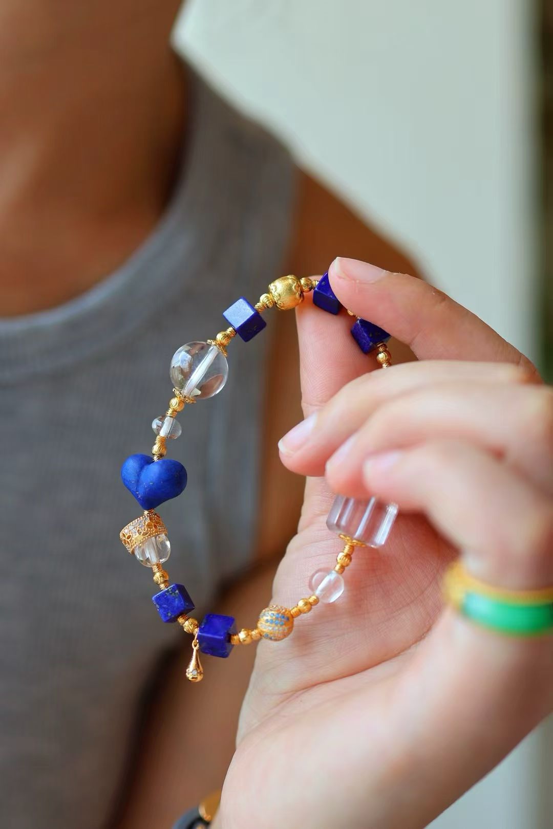 Metal & Water Energy| Vintage Imperial Lapis Lazuli & Clear Quartz Square Bracelet🔹◽️