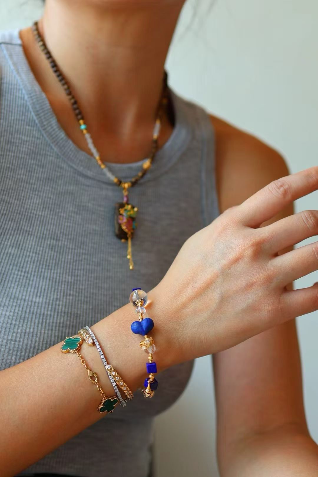 Metal & Water Energy| Vintage Imperial Lapis Lazuli & Clear Quartz Square Bracelet🔹◽️